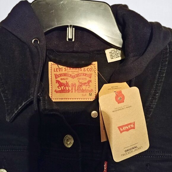Levi's Black Hybrid Denim Hoodie Original Trucker Jacket Size M - Picture 3 of 12